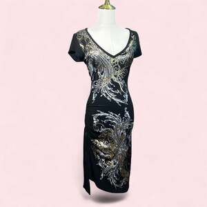 Cache y2k grunge ruched side dress with metallic pattern print